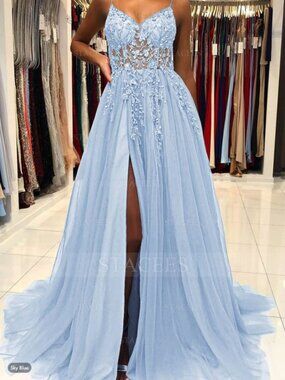 NWT A-line V Neck Spaghetti Straps Sweep Train Tulle Prom Dress